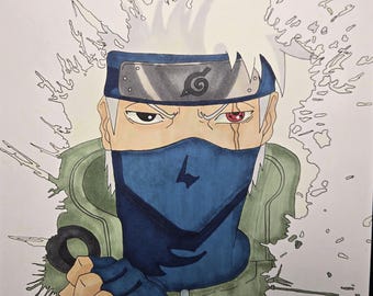 May include: A hand-drawn illustration of a character with spiky white hair, wearing a dark blue face mask and a matching headband with a spiral symbol. The character has one dark eye and one red eye with a black pattern, wearing a green vest.