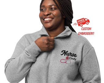 Nurse Customizable Name Stethoscope Heartbeat Embroidered Fleece Stylish Pullover Quarter-zip Sweatshirt