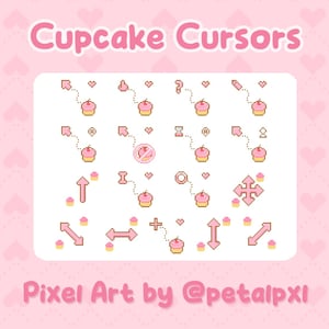 May include: A digital collection of pixel art computer cursors featuring pink cupcake designs. The set includes various arrow, pointer, and selection icons, each paired with a small cupcake graphic. The text Cupcake Cursors and Pixel Art by @petalpxl is visible.
