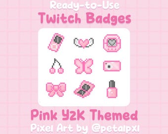 Pink Y2K Twitch Badges - Cute Pixel Art Twitch Bit Badges - Kawaii Pastel Pink Retro Sub Badges - Cherries - Heart Angel - Bow - Streamer