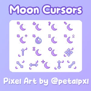 May include: A digital art graphic featuring various pixelated moon cursor designs in shades of purple and white. The text "Moon Cursors" is at the top, and "Pixel Art by @petalpxl" is at the bottom, all set against a light purple background.