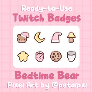 Różowe odznaki na dobranoc – Odznaki Twitch Pixel Art – Odznaka Kawaii Sub/Bit – Uroczy pakiet odznak dla streamerów