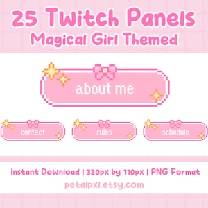 Peut inclure: Un ensemble de 25 panneaux Twitch en pixel art rose et blanc sur le thème des magical girls. Les panneaux comportent des textes tels que "à propos de moi", "contact", "règles" et "horaire".
