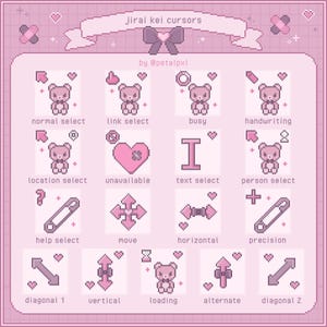 May include: A digital pixel art set titled Jirai kei cursors by @petalpxl, featuring light pink and purple icons. The collection includes various mouse pointers, a bear character, safety pins, hearts, and text labels for computer cursor functions.