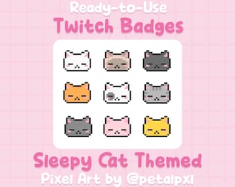 Sleepy Cat Twitch-badges - schattige pixel Twitch Sub/Bit-badges - kawaii pixelart-badges - direct downloaden - Kitty-badges voor twitch-streams