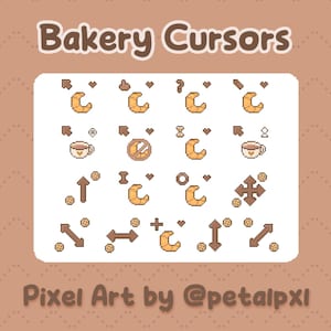 Puede incluir: Cursores de pixel art con temática de panadería, que incluyen cruasanes, tazas de café y galletas. Los cursores tienen varias formas, como flechas y signos de interrogación, sobre un fondo marrón claro. Se muestra el texto "Bakery Cursors" y "Pixel Art by @petalpxl".