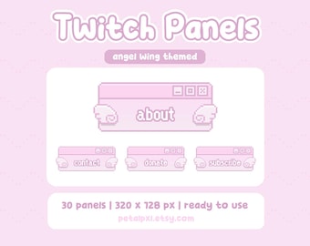 30 paneles de Twitch con alas de ángel rosas - Paneles de Twitch con adorables diseños de píxeles - Paneles de transmisión Angelcore rosa pastel para Twitch - Vtuber - Acerca de, Suscribirse