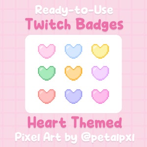 Shiny Heart Twitch Badges - Kawaii Pixel Art Bit Badge for Twitch - Pastel Heart Sub Badge - Cute Pixel Streaming Assets - Discord Role Icon