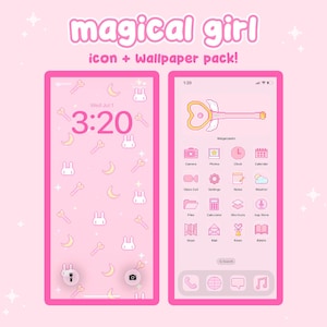 May include: A digital display showing a magical girl icon and wallpaper pack with a light pink theme. The screen features a repeating pattern of white bunnies, yellow crescent moons, and pink wands, alongside a set of custom app icons.