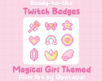 Magical Girl Twitch-badges x9 – Kawaii Pixel Art Sub/Bit-badges - Discord-rolpictogrammen - Toverstaf, edelsteen, strik
