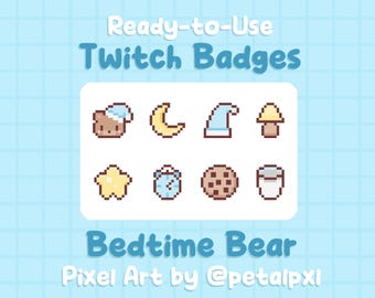 Insignias de Twitch de Oso Dormilón – Arte pixelado kawaii, iconos de suscripción/bit listos para usar