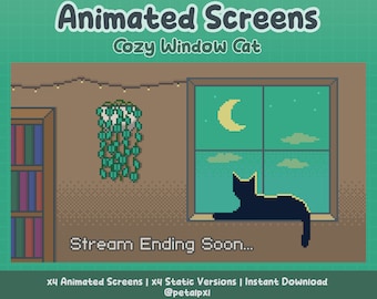 x4 Animated Twitch Screens - Cozy Lofi Cat Stream Screens Pack - Cottagecore Aesthetic - Pixel Art Stream Overlay - Offline, Starting Soon