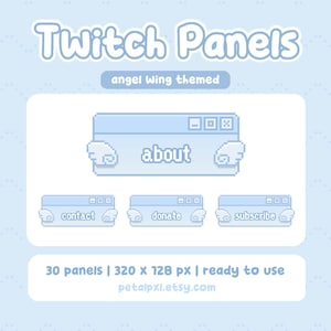 Op de afbeelding: Een set van 30 blauwe Twitch-panelen met engelenvleugels. De panelen zijn 320 x 128 pixels groot en bevatten de woorden "about", "contact", "donate" en "subscribe".