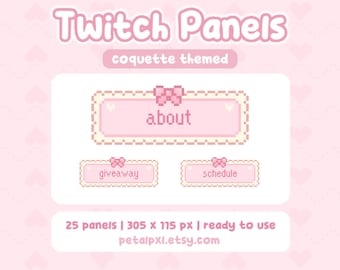 25 paneles de Twitch de Coquette - Paneles de transmisión de arte de píxeles kawaii - Paneles de píxeles lindos - Paneles de transmisión rosas para Twitch - Acerca de, Contacto, Suscripción