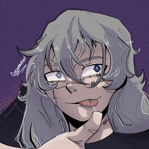 May include: A digital illustration of a person with long, silver hair. The person has a mischievous expression, with their tongue sticking out. They are wearing a black shirt with a checkered pattern and have stitches on their face and hands.