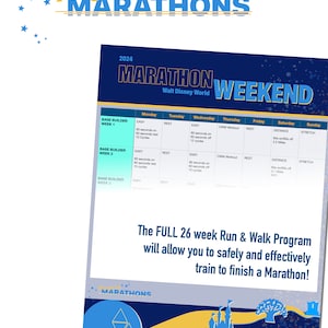 Pode incluir: Um cronograma de treinamento azul e amarelo para o Marathon Weekend de 2024 na Walt Disney World. O cronograma inclui um programa de corrida e caminhada de 26 semanas. O texto "Magical Marathons" está no topo.