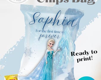 Plantilla para bolsa de papas fritas de Elsa de Frozen: Recuerdo de fiesta editable (descarga digital)