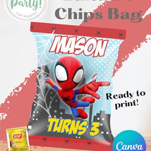 Sjabloon Spidey bewerkbare chipzakje | Digitaal feestbedankje | Afdrukbare zak chips | Spidey en vrienden