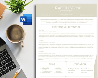 Könnte beinhalten: Eine beige und weiße Lebenslaufvorlage mit dem Titel "Elizabeth Stone, Grafikdesignerin" oben. Der Lebenslauf enthält Abschnitte für Berufserfahrung, Fähigkeiten und Ausbildung.