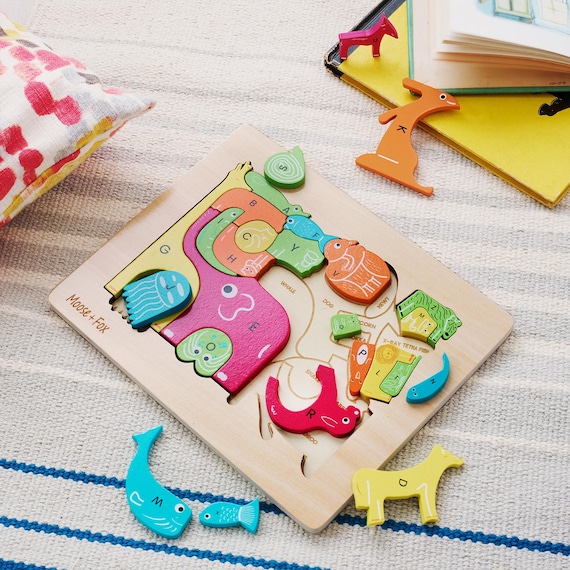 Wooden Alphabet Puzzle With Animals Shapes Puzzle for Kids Ages 3 5 Animal Puzzle Learning Toys Safe Wood Toys Educational Gift Etsy