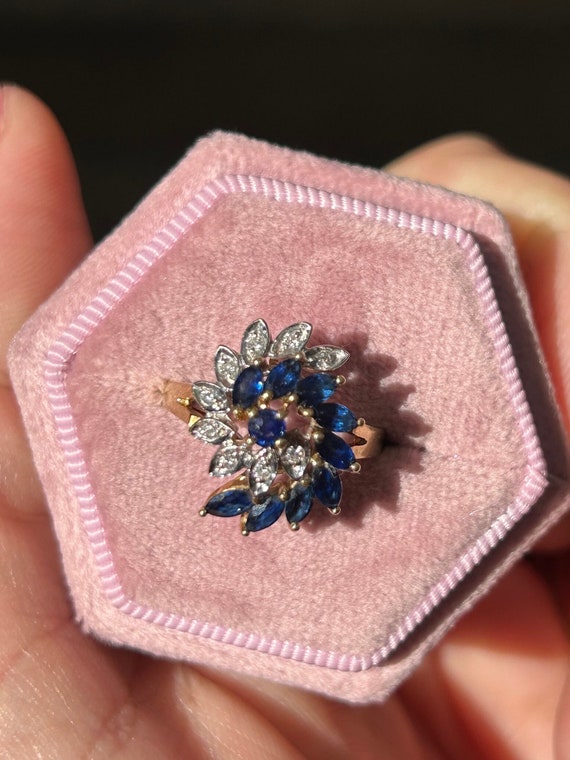 14k Blue Sapphire and Diamond Swirl Vintage Solid… - image 9