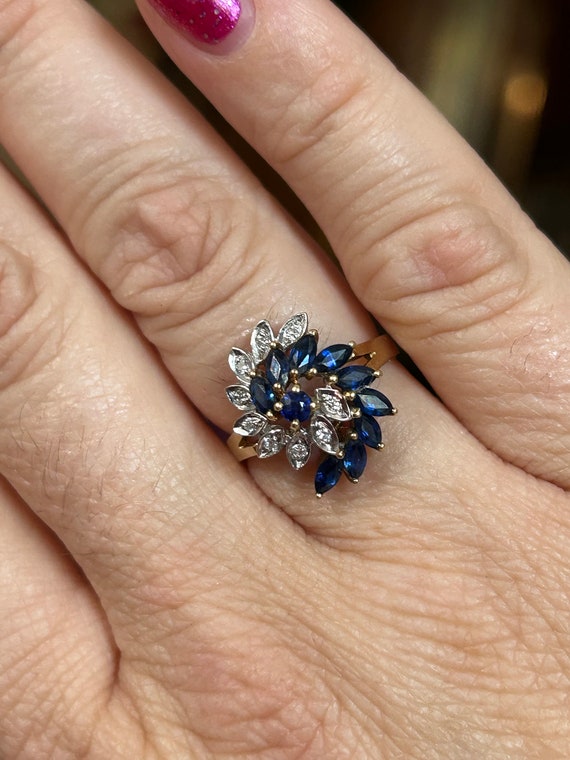 14k Blue Sapphire and Diamond Swirl Vintage Solid… - image 2