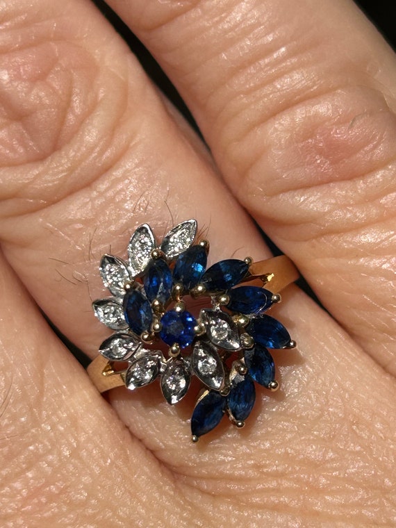 14k Blue Sapphire and Diamond Swirl Vintage Solid… - image 6