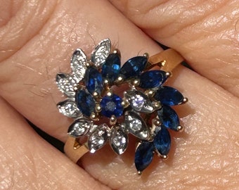 14k blauwe saffier en diamanten swirl vintage massief geelgouden ring maat 6,5 - landgoed