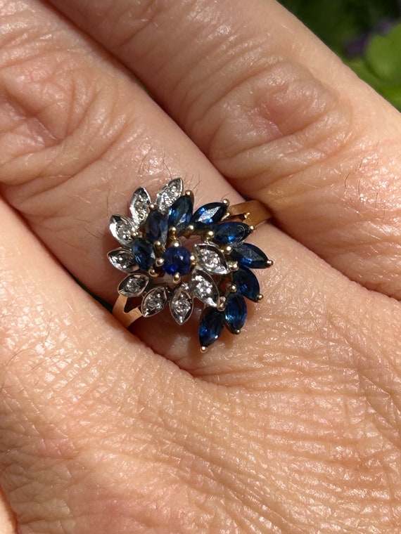 14k Blue Sapphire and Diamond Swirl Vintage Solid… - image 3