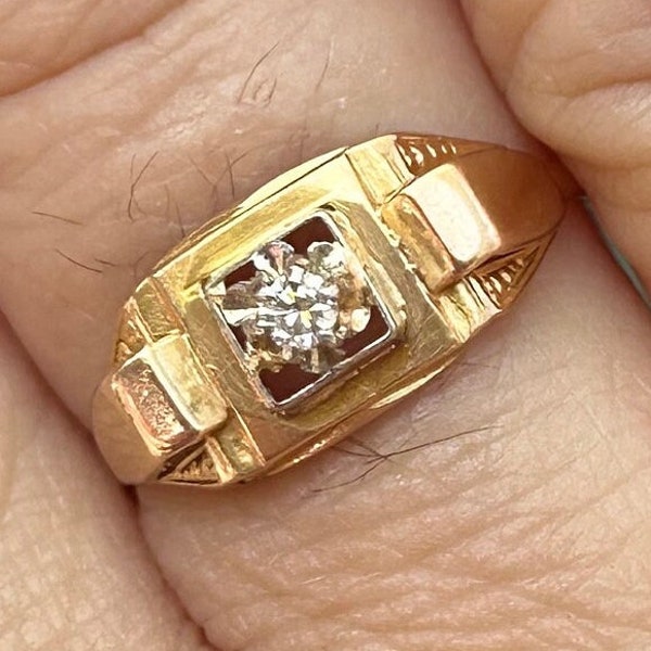 18k French Antique diamond tank  Solid Yellow Gold ring size 6.5 - Estate Vintage