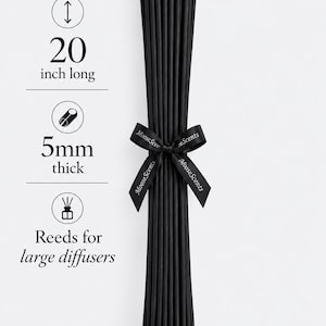 May include: A bundle of black diffuser reeds tied with a black ribbon printed with the text MooseScents. The reeds are 20 inches long and 5mm thick. Text on the image includes 20 inch long, 5mm thick, Reeds for large diffusers, and MOOSESCENTS.