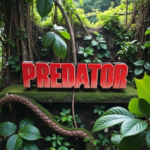 May include: The word "PREDATOR" in bold, red letters with a white outline, set against a backdrop of lush green foliage and moss. The letters appear to be 3D, creating a striking visual effect. The scene evokes a jungle or forest setting.