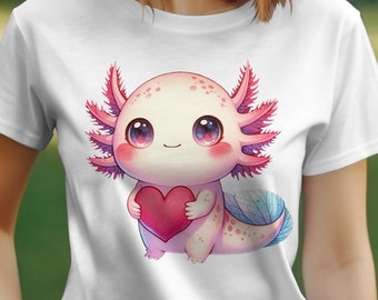 Cute Axolotl T-Shirt, Kawaii Pink Creature with Heart, Soft Cotton Tee, Unique Graphic Design, Gift for Animal Lovers, Unisex Fit