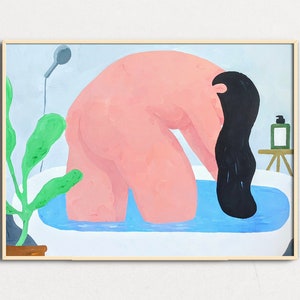 May include: A painting of a person taking a bath in a white bathtub. The person has long black hair and is bending over in the tub. The water is blue and there is a green plant in the corner of the painting.