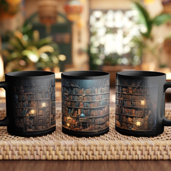 Book Shelves Mug, Books Mug, Book Mug, Readers Mug, Reading Mug, Books on Shelves Mug, Fantasy Mug, Coffee Mug, Black Mug