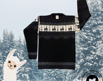Black Unisex Handmade Alpaca Wool Sweater, Ecuadorian Indigenous Handcrafted, One size, Boho Fashion, Soft & Cozy, Llama Figures Sweater