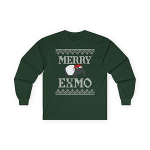 May include: A long-sleeve, dark green shirt with a festive design. The design features the text "MERRY EXMO" in white, with a cartoon tapir wearing a Santa hat. The shirt has a knitted pattern at the top and bottom.