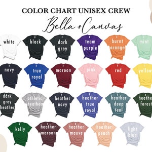 May include: Color chart of unisex crew t-shirts in various colors, including white, black, navy, and red. The text "COLOR CHART UNISEX CREW" and "Bella + Canvas" are displayed at the top. Each shirt displays its color name.