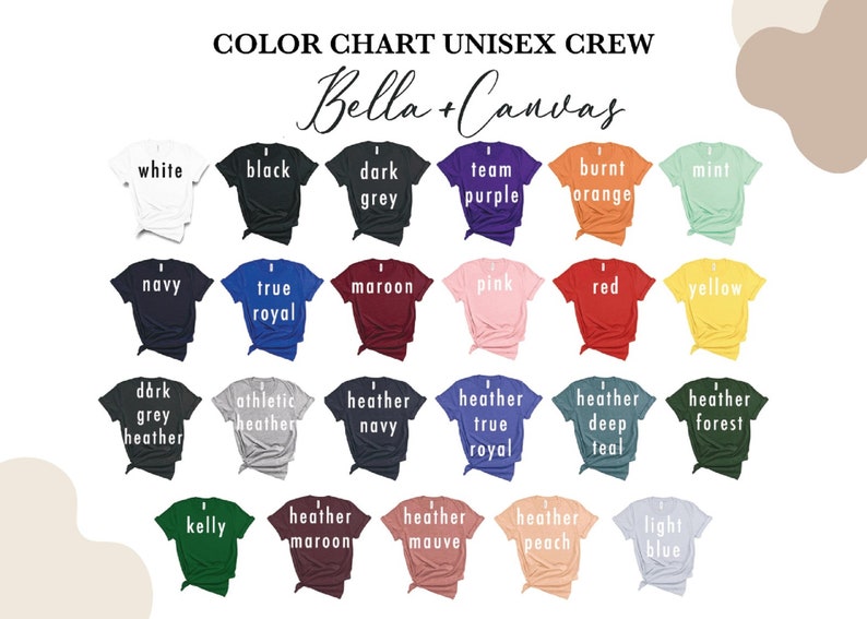 May include: Color chart of unisex crew t-shirts in various colors, including white, black, navy, and red. The text "COLOR CHART UNISEX CREW" and "Bella + Canvas" are displayed at the top. Each shirt displays its color name.