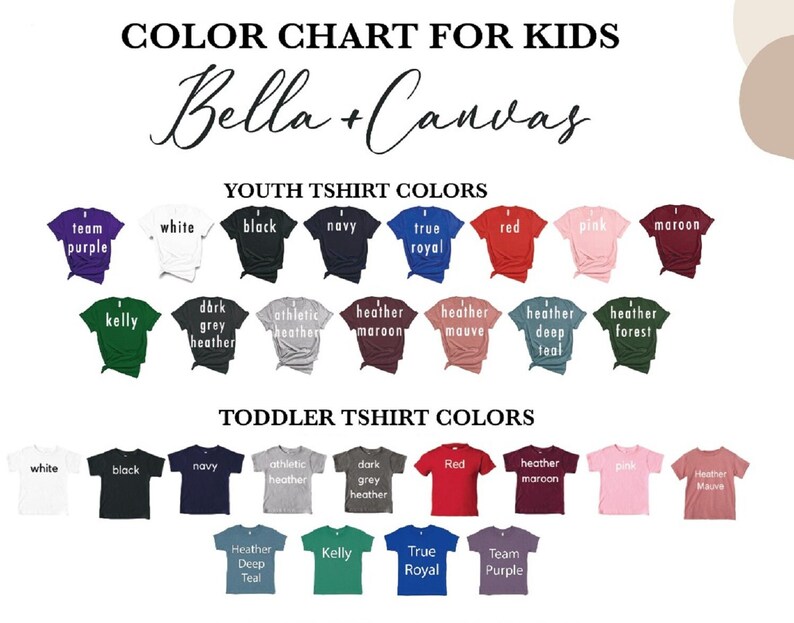 May include: Color chart for kids' t-shirts, featuring Bella + Canvas brand. Displays a variety of youth and toddler t-shirt colors, including white, black, navy, red, pink, and maroon. Also shows heather colors like grey, mauve, and teal.