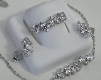 925 Sterling Silver Jewelry Set – Bracelet, Ring & Earrings with Sparkling CZ Stones