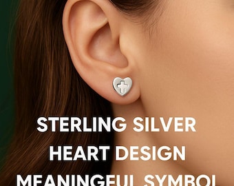 Sterling Silver Heart Stud Earrings with Cross Cutout - Minimalist Religious Jewelry