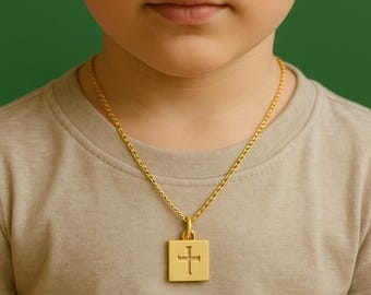 Handmade Gold 10 K Square  Pendant Necklace_Minimalist Religious Jewelry for Kids & Adults