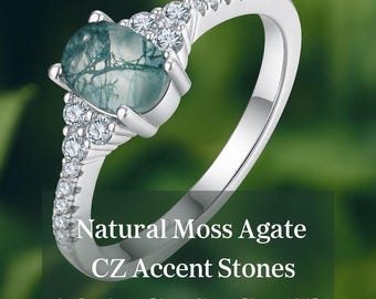 Women's Moss Agate Ring in Sterling Silver with Sparkling CZ Accents