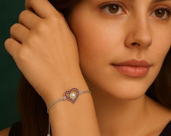 Heart  Silver 925 Bracelet with Red Stone & Pearl Center