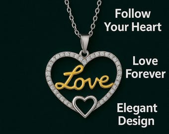 Romantic 'Love' Heart Pendant Necklace Silver 925 in Gold & Silver with White Stone Accents