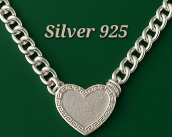 Silver  925 Heart Necklace – Double Chain Greek Pattern Pendant – Sterling Style Gift