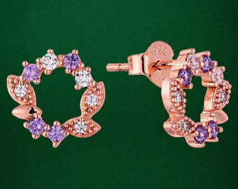 Rose Gold Heart Stud Earrings - 925 Sterling Silver with Purple & Clear Crystals