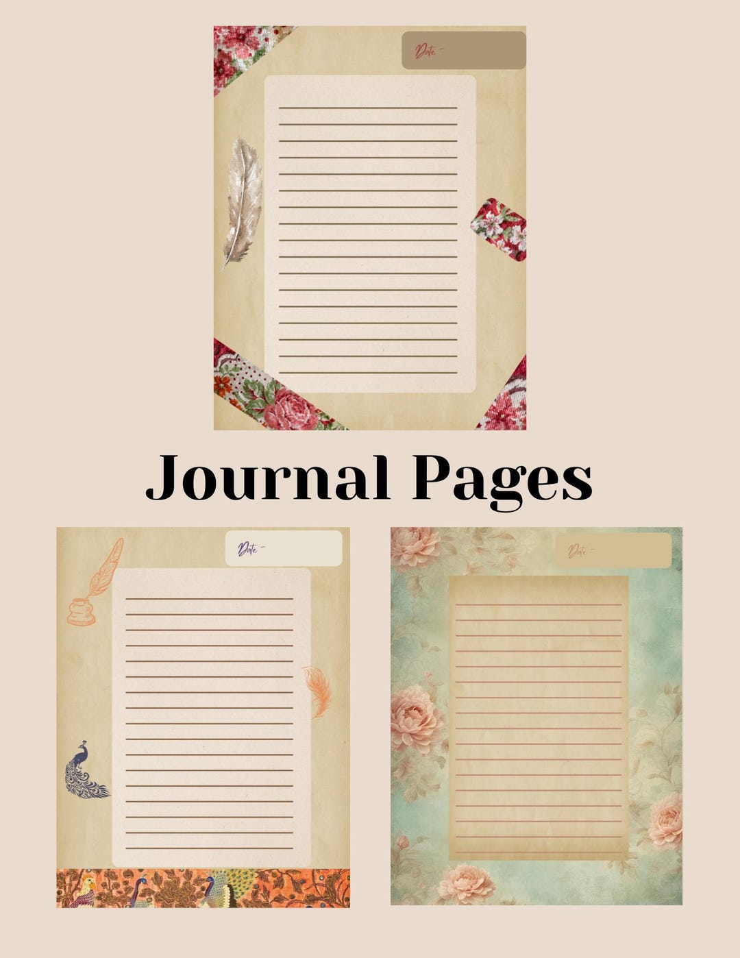 Poetcore Lined Journal Pages – Floral & Bird Motifs, Printable Writing ...