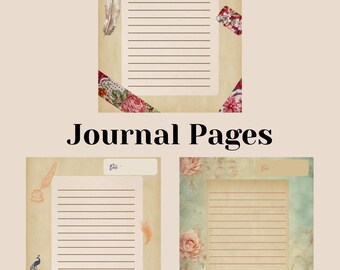 Páginas de diario forradas Poetcore: motivos florales y de pájaros, papel de escritura imprimible, papelería vintage de pergamino, papelería digital de descarga